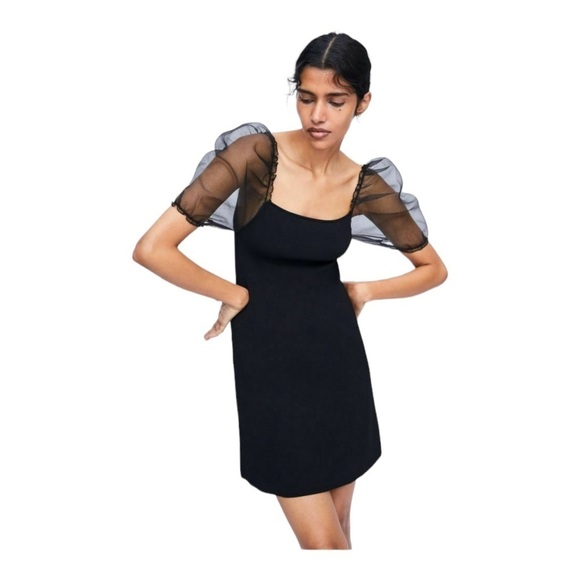 ZARA Black Sheer Puff Sleeve Bodycon Mini Dress Small Blogger Favorite - Picture 10 of 14